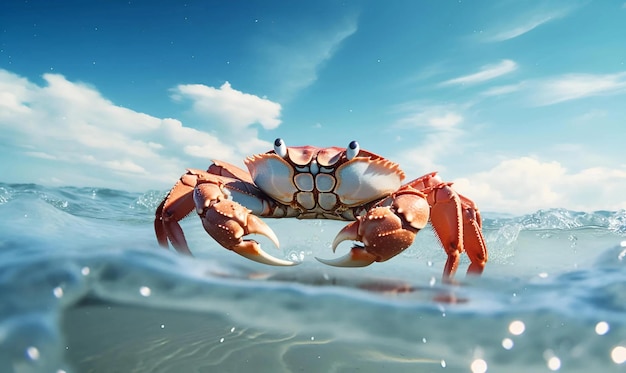 close up crab in ocean water with blue sky