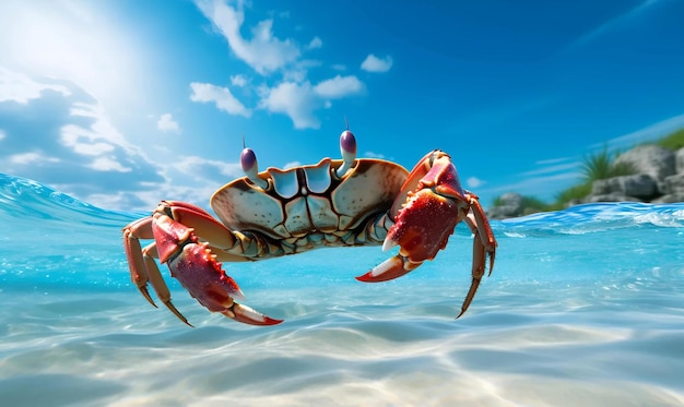 Photo close up crab in ocean water with blue sky