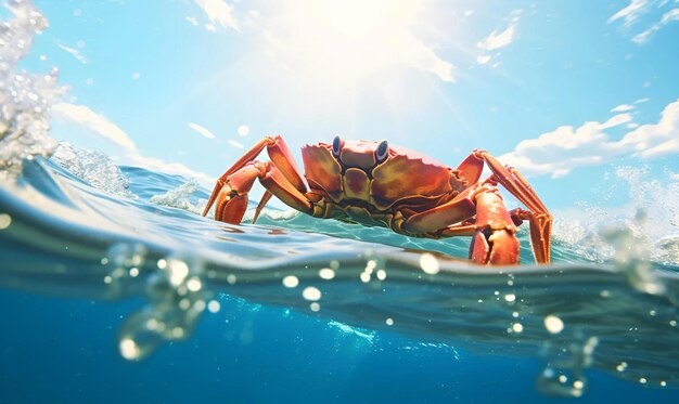 close up crab in ocean water with blue sky