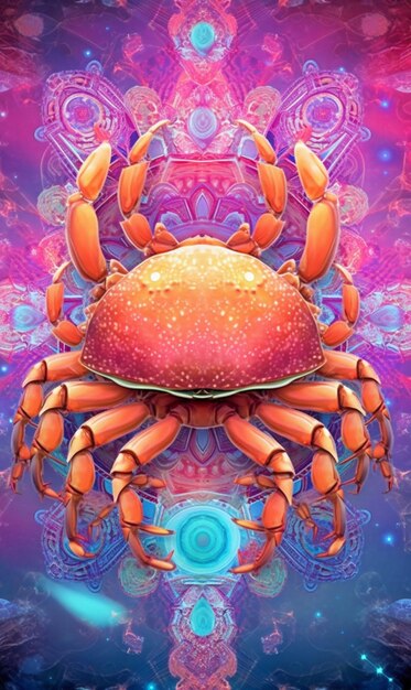 A close up of a crab with a psychedelic background generative ai