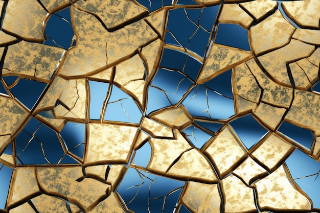 A close up of a cracked glass surface with a blue sky in the background generative ai