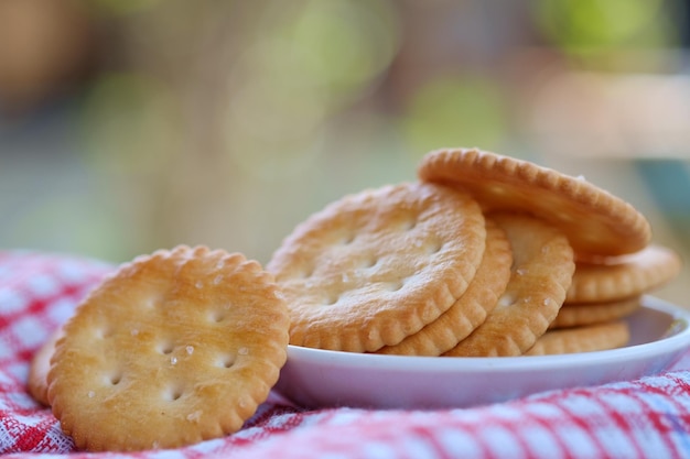 close-up of crackers in plate on table