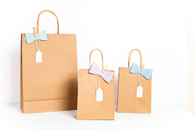 Close up on craft paper bags with decorations