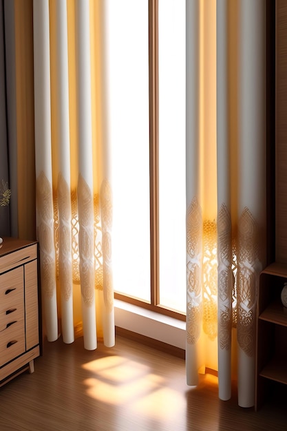 Close up of cream lace pattern fabric curtain drapery japanese tatami mat floor wooden frame shoji