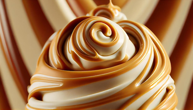 Close up of creamy caramel dessert on striped background generative AI