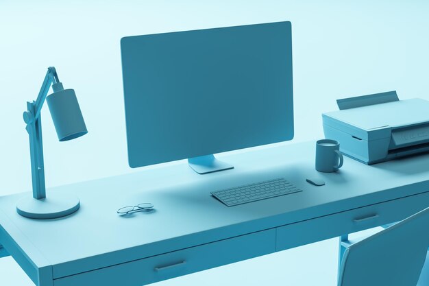 Close up of creative blue minimalistic designer workplace with\
furniture empty mock up computer monitor and other items 3d\
rendering