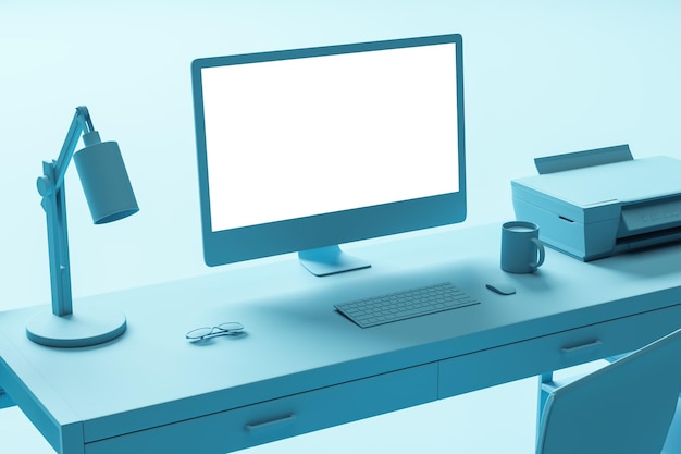 Close up of creative blue minimalistic designer workspace with\
furniture empty mock up computer monitor and other items 3d\
rendering