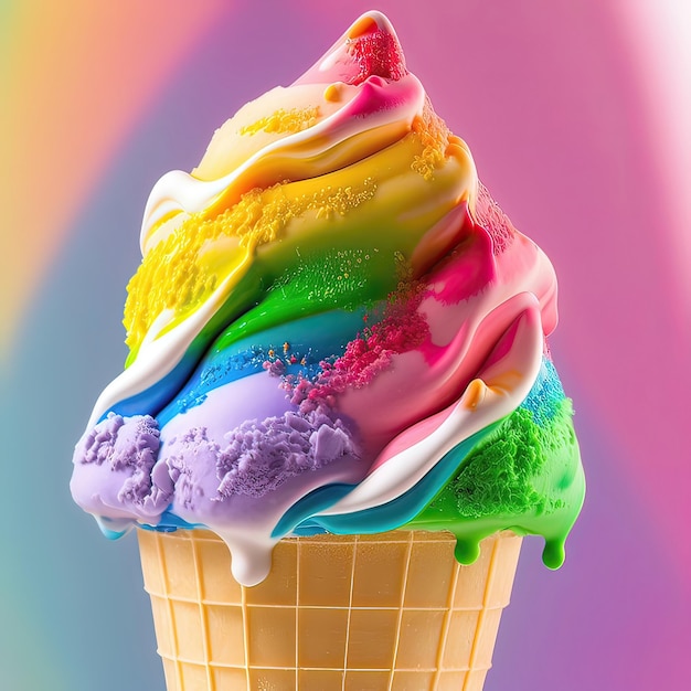 무지개 색 크림이 있는 아이스크림 콘으로 창의적인 개념을 닫습니다. 밝고 아름다운 색상의 맛있고 식욕을 돋우는 디저트 Generative of AI