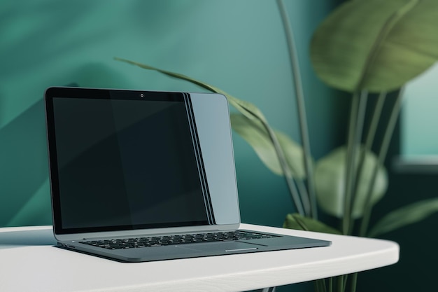 Close up of creative designer office desktop with empty laptop
screen with mock up place in frame green wall background with
sunlight and shadows blurry decorative plant 3d rendering