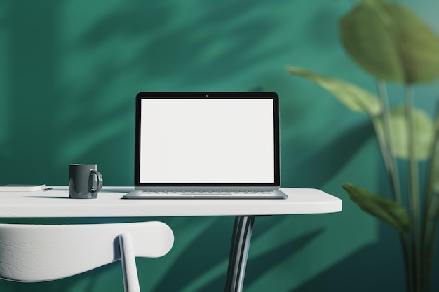 Close up of creative designer office desktop with empty white
laptop screen