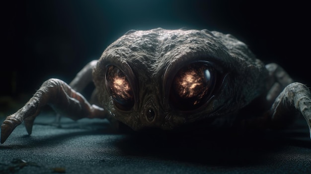 A close up of a creature with big eyes and a glowing orange light on the face.