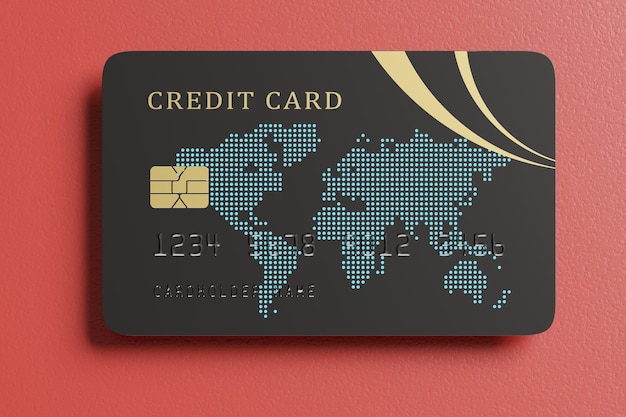 Close up of credit card on red background 3d illustration
