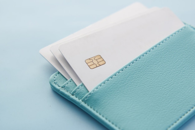 Close up of credit cards in a wallet on table