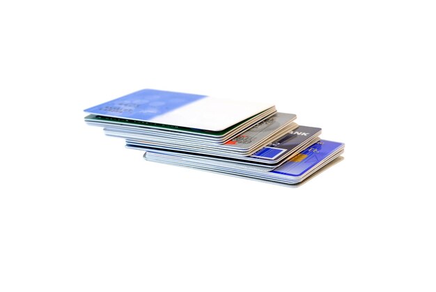 Photo close-up of credit cards over white background