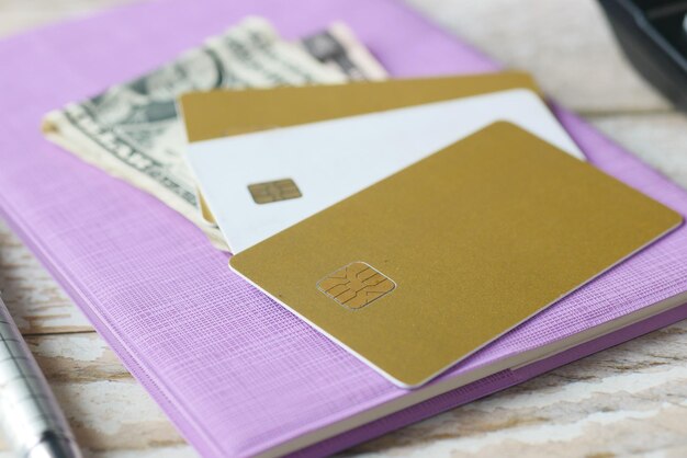 Close up of credit cards on wooden background