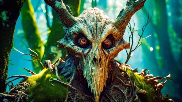 Close up of creepy looking creature in the woods with big eyes generative ai