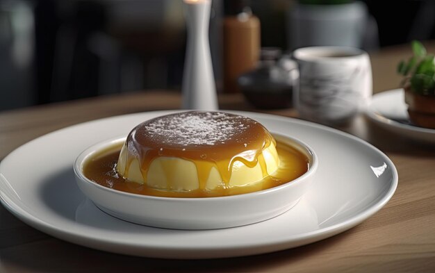 Foto un pudding di crema caramellato da vicino su uno sfondo di caffè dolce dessert panetteria cibo ai generato