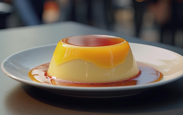 Foto un pudding di crema caramellato da vicino su uno sfondo di caffè dolce dessert panetteria cibo ai generato