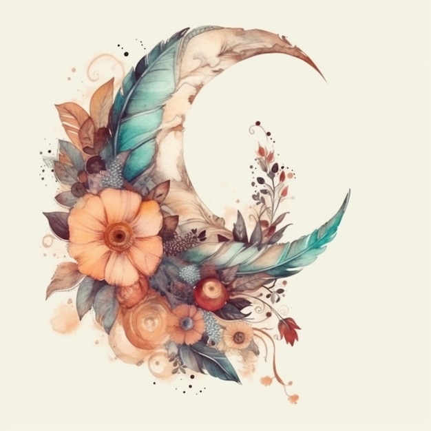 A close up of a crescent with flowers and feathers on it generative ai
