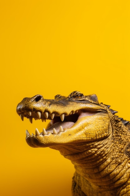 Close up of crocodile's head with its mouth open on yellow background generative ai