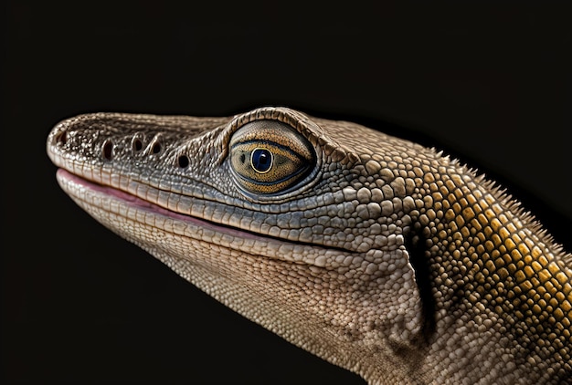 Close up of a crocodile skink animal close up head from side perspective on branch