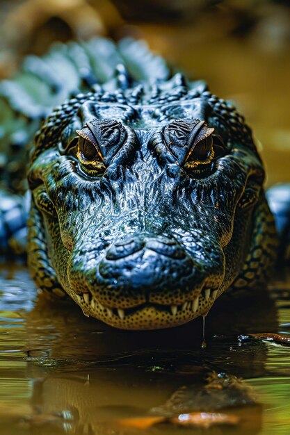 Close up of crocodiles face showing its large black eyes and long snout