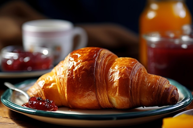 A close up of a croissant with apricot jam