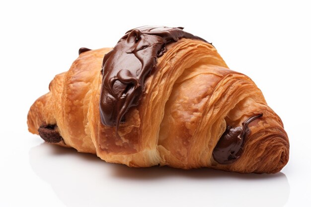 Foto close up di croissant con cioccolato su una superficie bianca o trasparente png sfondo trasparente