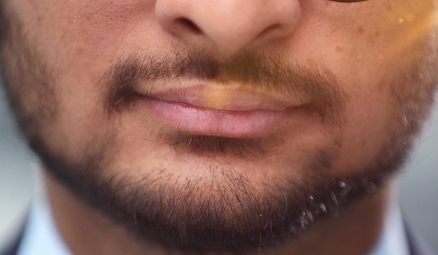 Photo close up cropped half face photo of stylish young man's bristle with thoughtful minded expression