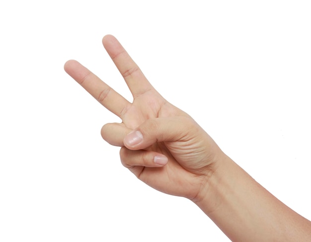 Close-up of cropped hand showing peace sign against white background