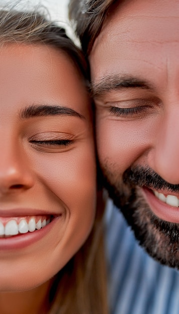 Photo close-up cropped image of handsome man and attractive woman smiling with closed eyes and having fun.