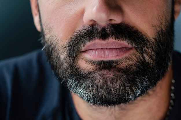 Close-up cropped portrait of unshaven brunette man with gray haired bristle.