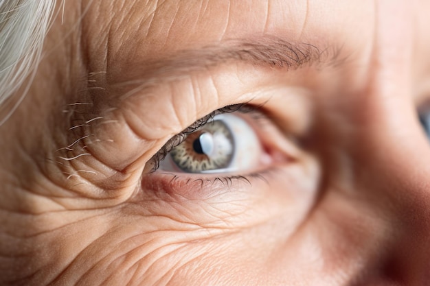 Close up cropped shot face of old woman eye looking straight into distance Macro eye close up AI Gen