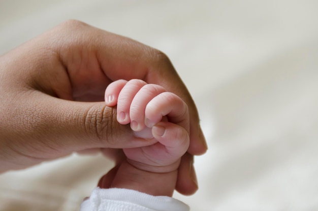 close-up of cropped woman holding newborn baby hand