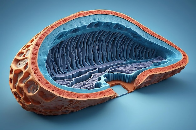Foto close-up cross-section view van een mitochondriën op een blauwe achtergrond 3d rendering