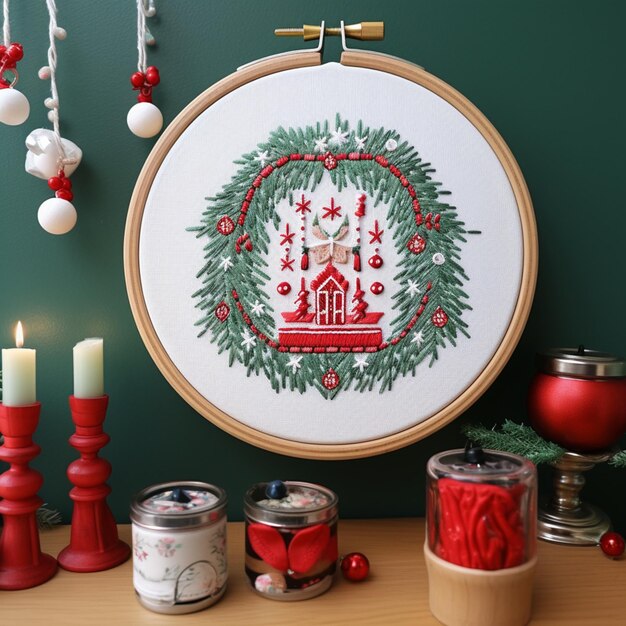 Photo a close up of a cross stitch christmas wreath with candles and ornaments generative ai