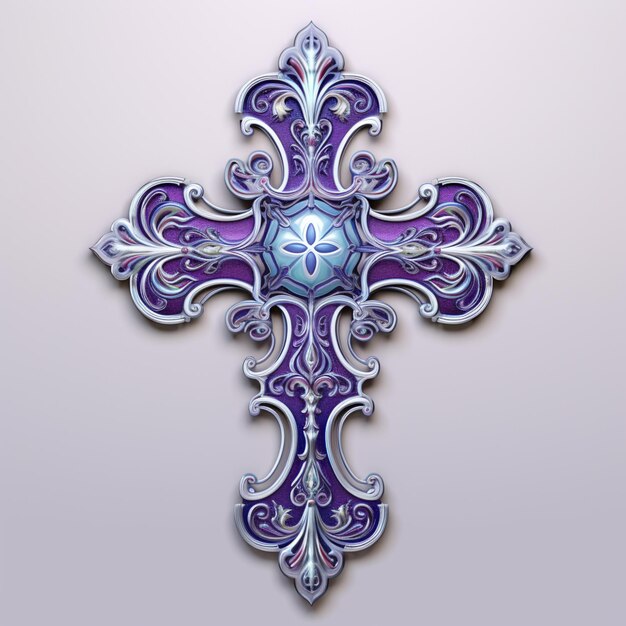 Photo a close up of a cross with a blue and purple design generative ai