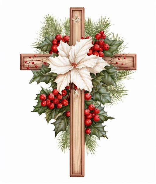 Photo a close up of a cross with holly and poinsettis generative ai