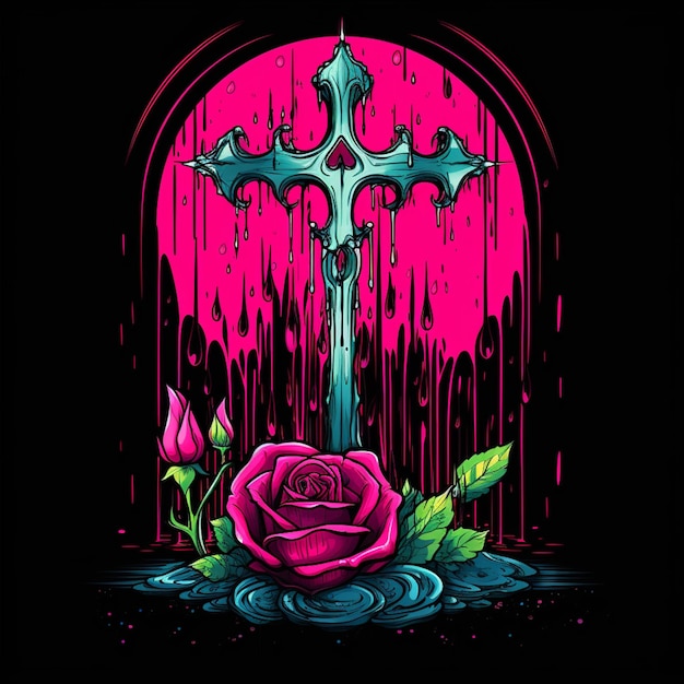 a close up of a cross with a rose on a black background generative ai