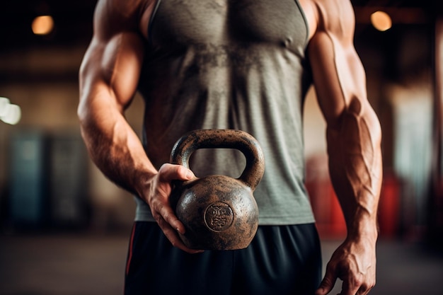 Close-up crossfit atleet met Kettlebell gewicht weergeven techniek en intensiteit in een oefensessie