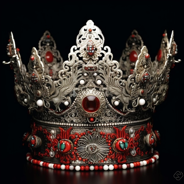 a close up of a crown with red beads and pearls generative ai