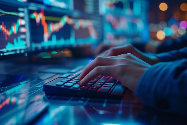 Close up of a cryptocurrentcy traders hands rapidly typing through a digital trading interface