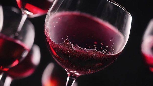 Close up of crystal glass of red wine with bubbles on black background