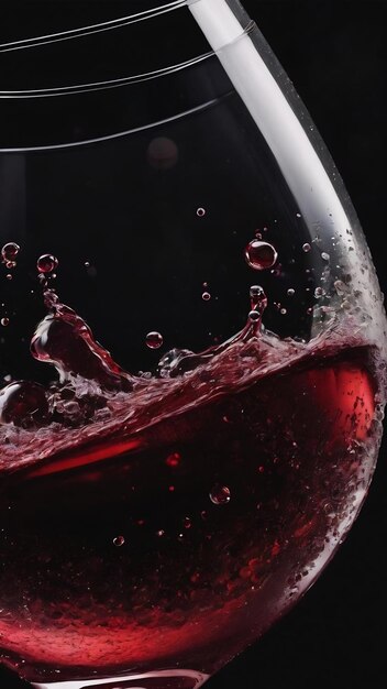 Close up of crystal glass of red wine with bubbles on black background