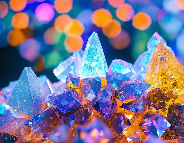 A close up of crystals with a blue background and the words 