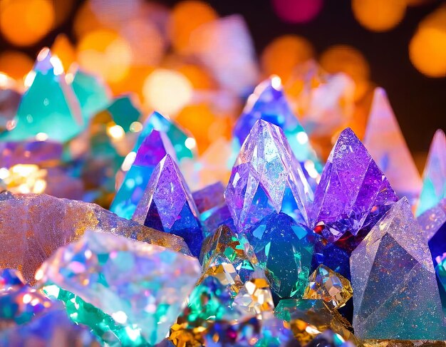 A close up of crystals with a colorful background