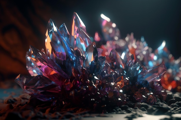 A close up of crystals with the light shining on them