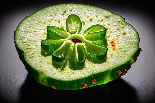 Photo close up of a cucumber slice with a spicy green pepper superb photograph