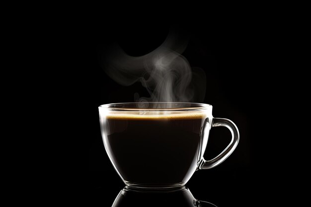 Close up a cup of a black hot coffee with smoke on black background