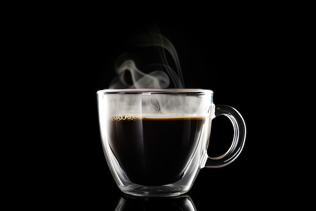 Close up a cup of a black hot coffee with smoke on black background